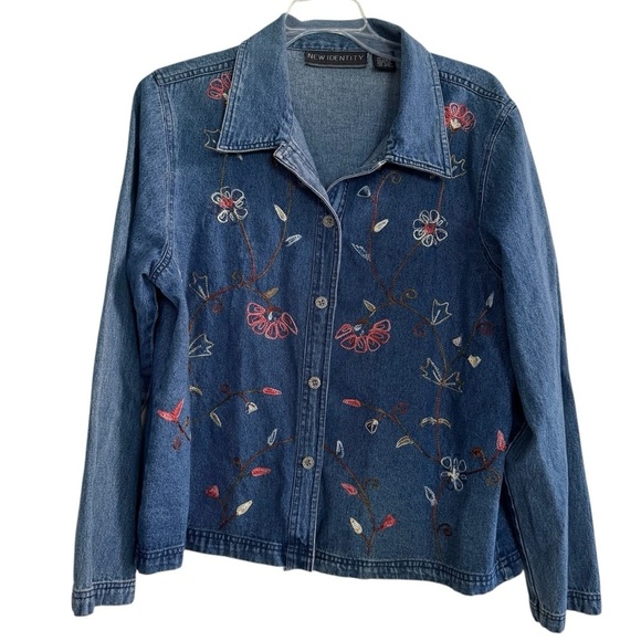 VTG New Identity Blue Denim Jean Jacket Embroidered Floral Cotton L - Picture 2 of 6